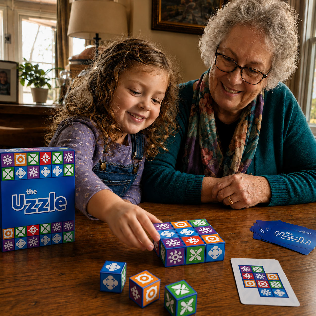 Grandmother and grandchildren playing The Uzzle together