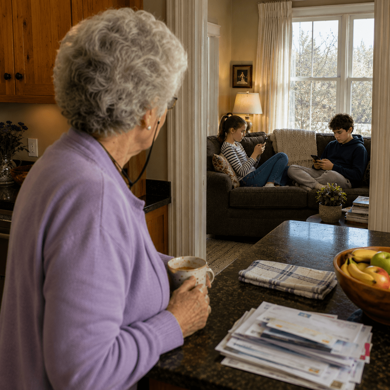 A grandmother in her kitchen looking through to the next room, where her grandchildren sit apart on the sofa, each on a screen